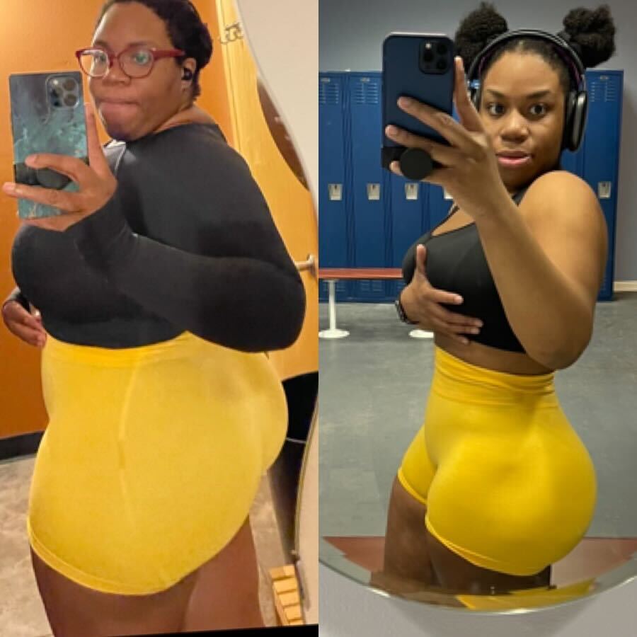 Two pictures of a coach showing her transformation.